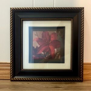 Framed Red Lily Floral Art Print in Decorative Black & Gold Frame